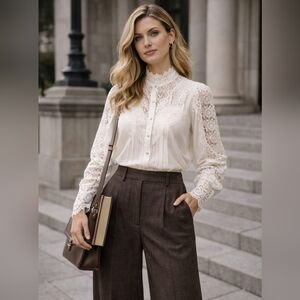 Chic White Lace Button-Up Blouse🦋